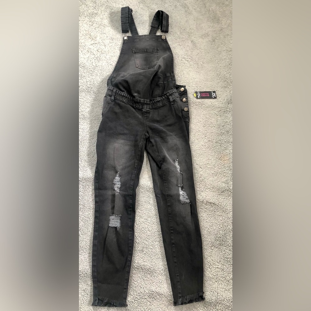 New NWT George Maternity faded black stretch denim distressed  slim overalls 6 S
